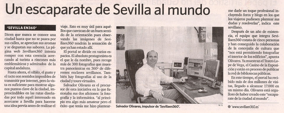 Artículo sobre sevillaen360 en el Diario de Sevilla